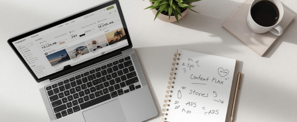 Laptop showing Instagram analytics with a notebook titled “Content Plan” on a desk, symbolizing strategies for how to get customers on Instagram.