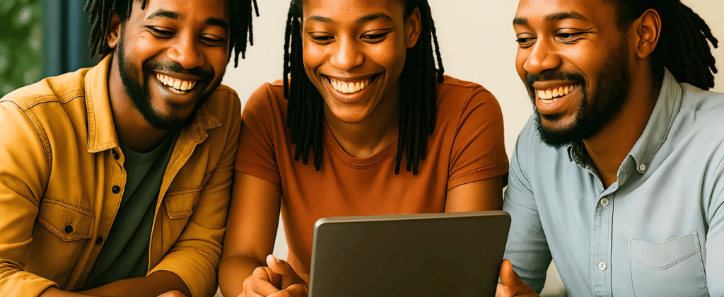 Three smiling entrepreneurs looking at a tablet together, learning strategies for how to get customers on Instagram.