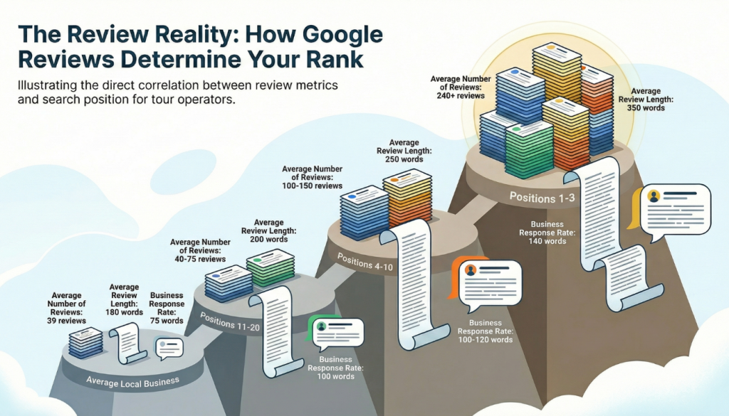Infographic showing how review metrics on a Google Business Profile determine search ranking for tour operators.