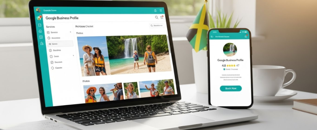 Google Business Profile optimization for Jamaica tour drivers showing dashboard setup and mobile search results with direct booking