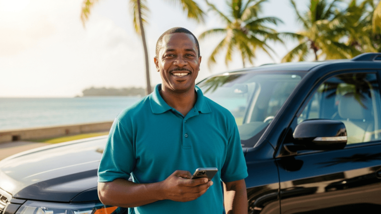 Digital resilience for tour operators — Professional Jamaican driver with luxury vehicle at Montego Bay waterfront