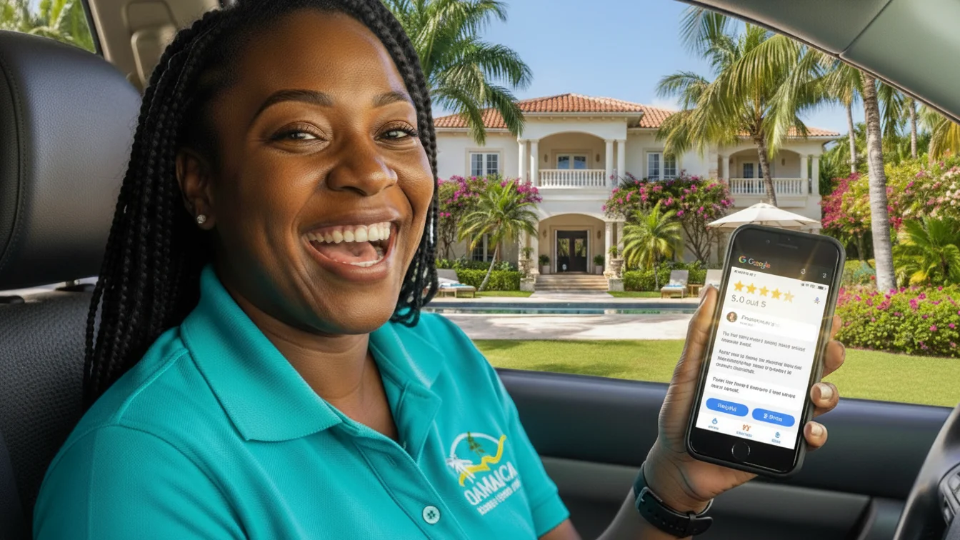 Smiling Jamaica tour operator holding a phone displaying five-star Google reviews in front of a luxury villa
